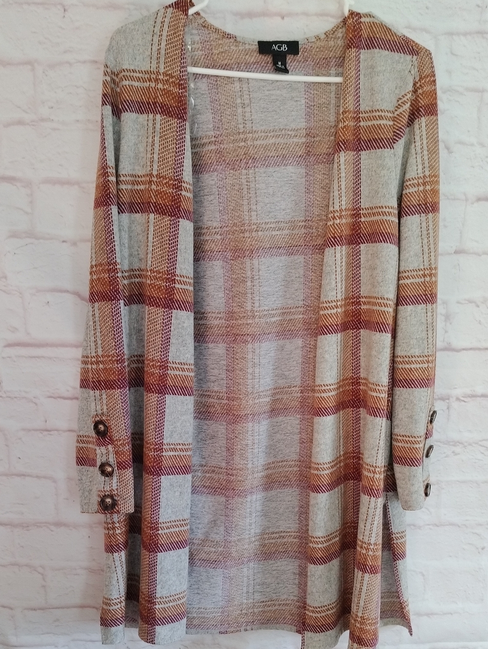 AGB Cream and Rust Plaid Open-Front Cardigan